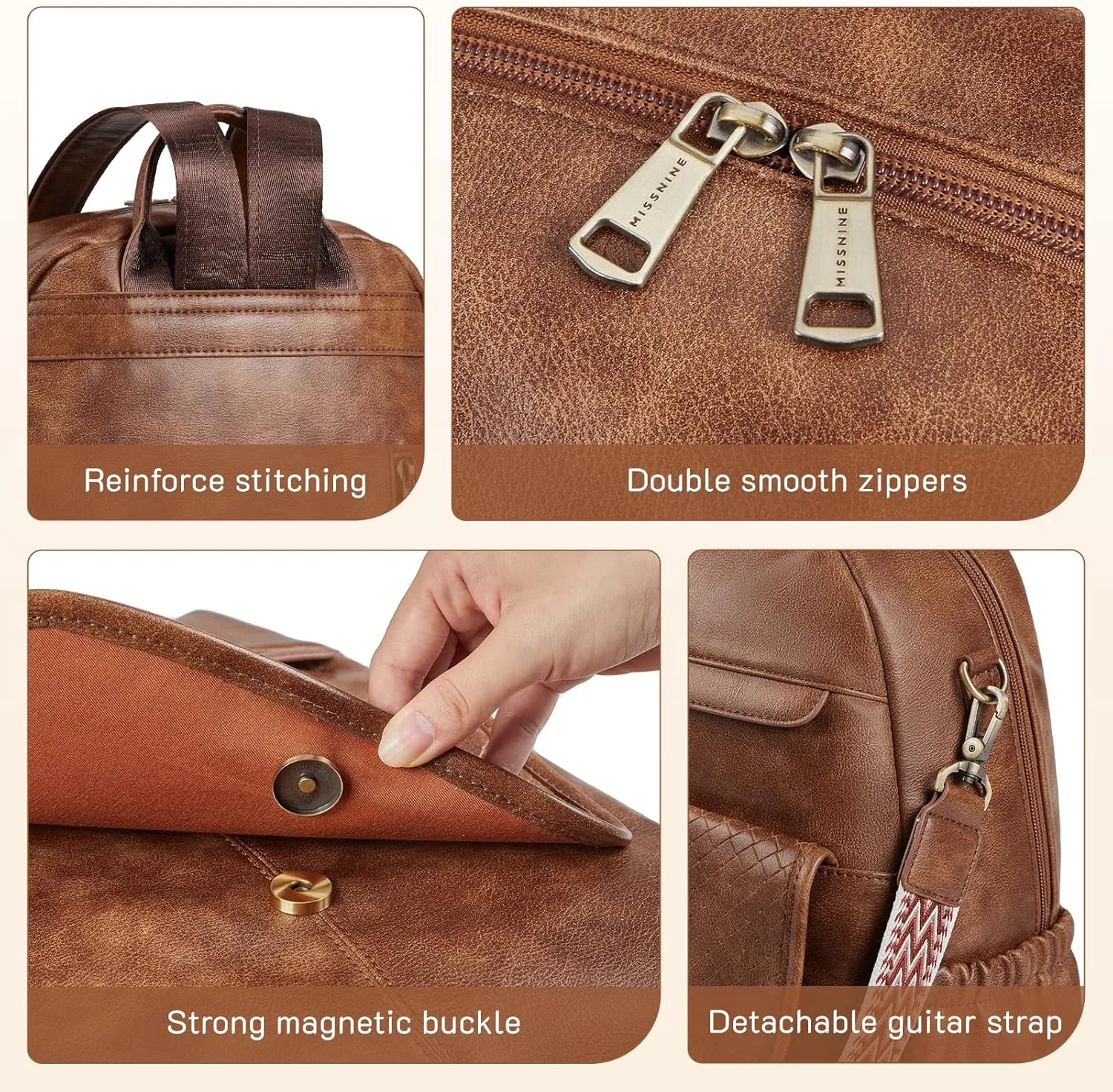 Missnine PU Leather Backpack Purse for Women, Convertible Travel Backpack, Designer Ladies Shoulder Bag and Satchel Bags for Work, College with Weave Detail