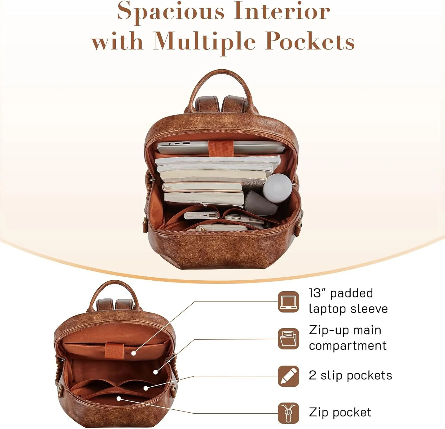 Missnine PU Leather Backpack Purse for Women, Convertible Travel Backpack, Designer Ladies Shoulder Bag and Satchel Bags for Work, College with Weave Detail