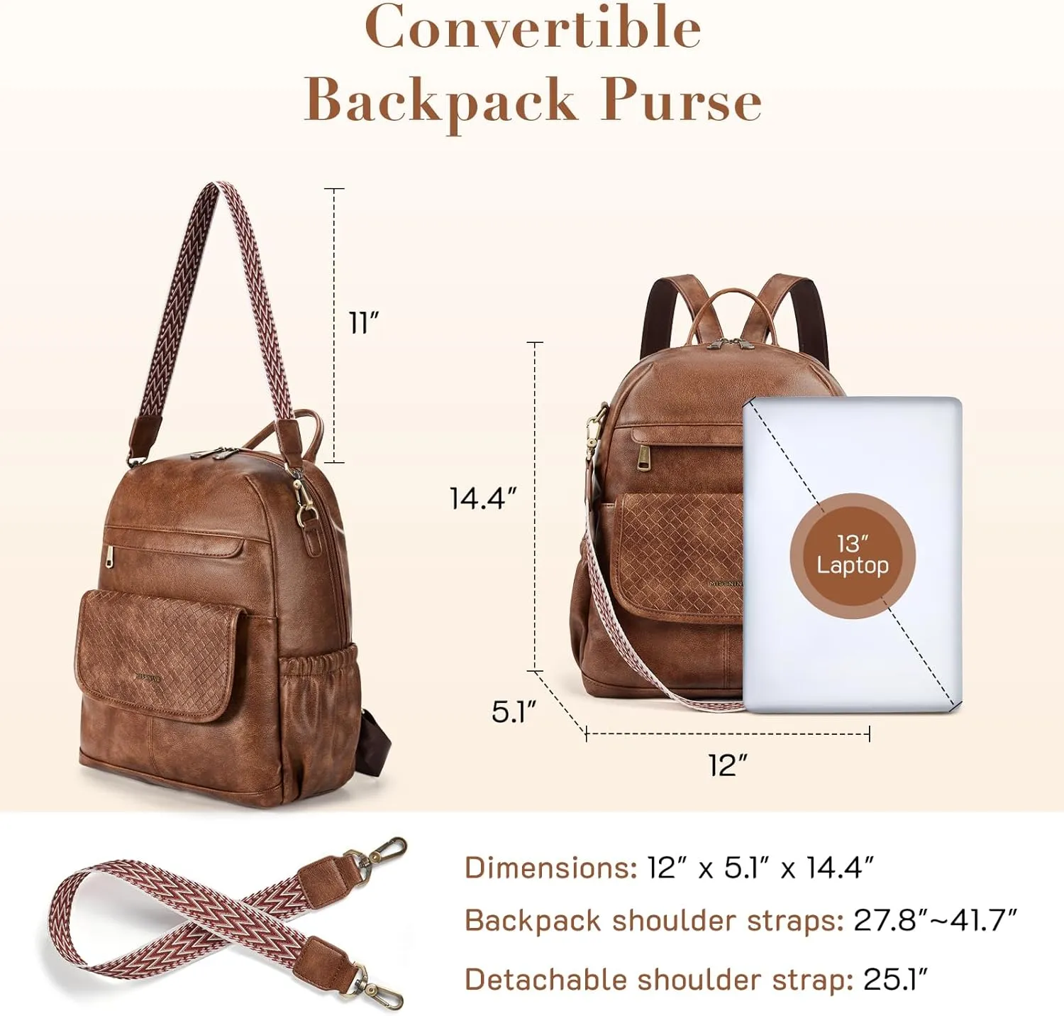 Missnine PU Leather Backpack Purse for Women, Convertible Travel Backpack, Designer Ladies Shoulder Bag and Satchel Bags for Work, College with Weave Detail