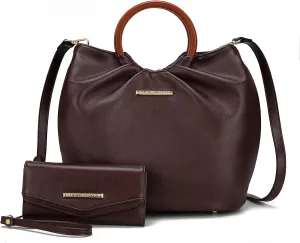 MKF Collection Tote Bag Set for Women, Vegan Leather Circular Wooden Top-Handle Shoulder Handbag Purse With Wristlet Wallet