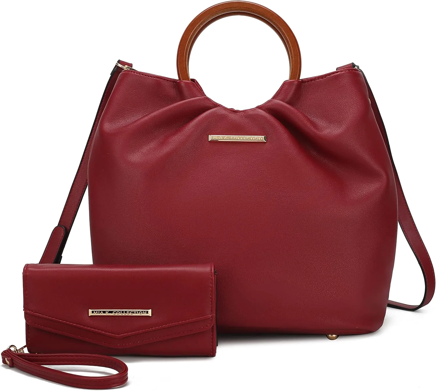 MKF Collection Tote Bag Set for Women, Vegan Leather Circular Wooden Top-Handle Shoulder Handbag Purse With Wristlet Wallet