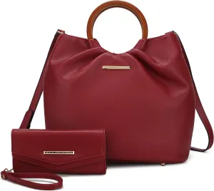 MKF Collection Tote Bag Set for Women, Vegan Leather Circular Wooden Top-Handle Shoulder Handbag Purse With Wristlet Wallet
