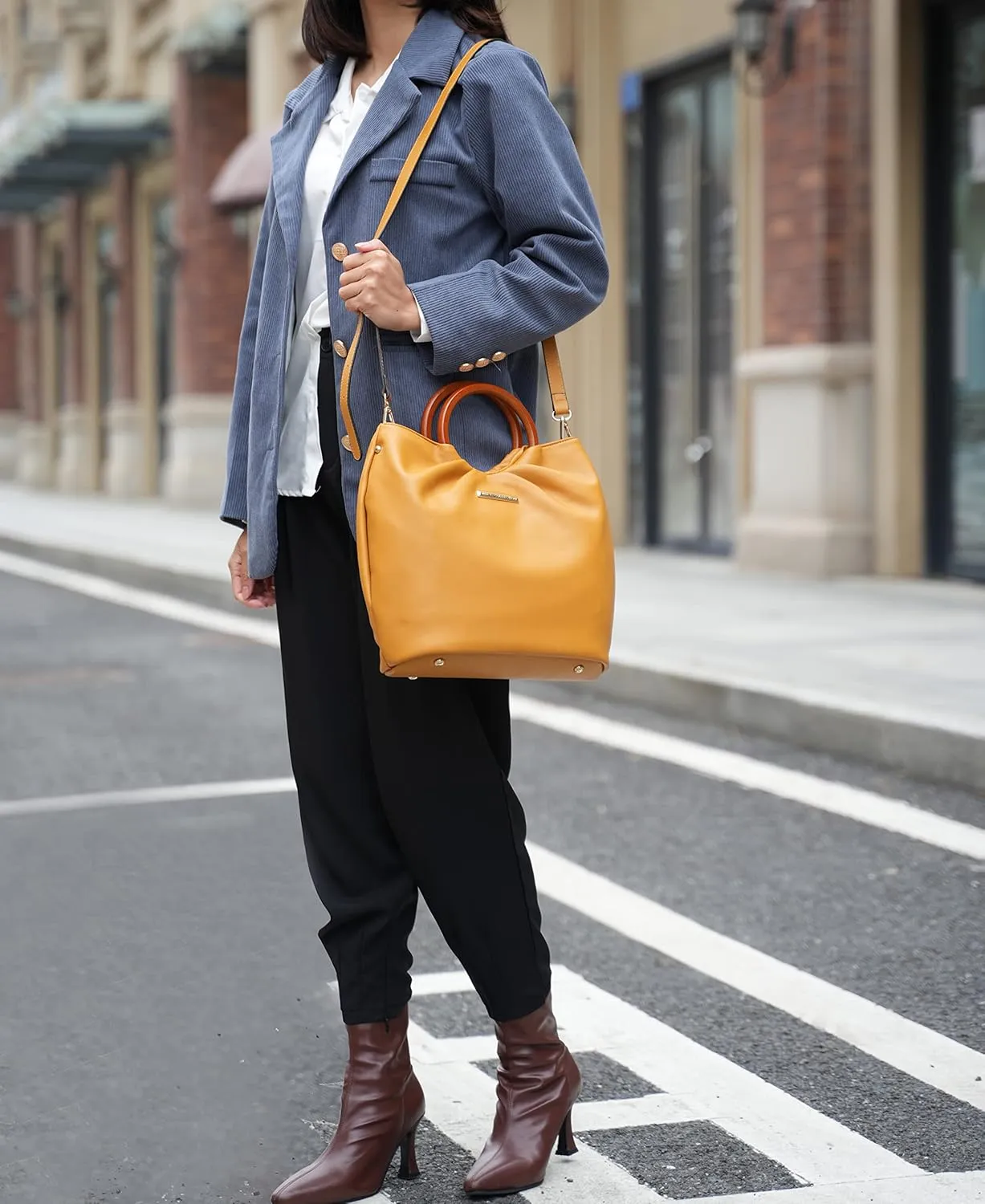 MKF Collection Tote Bag Set for Women, Vegan Leather Circular Wooden Top-Handle Shoulder Handbag Purse With Wristlet Wallet
