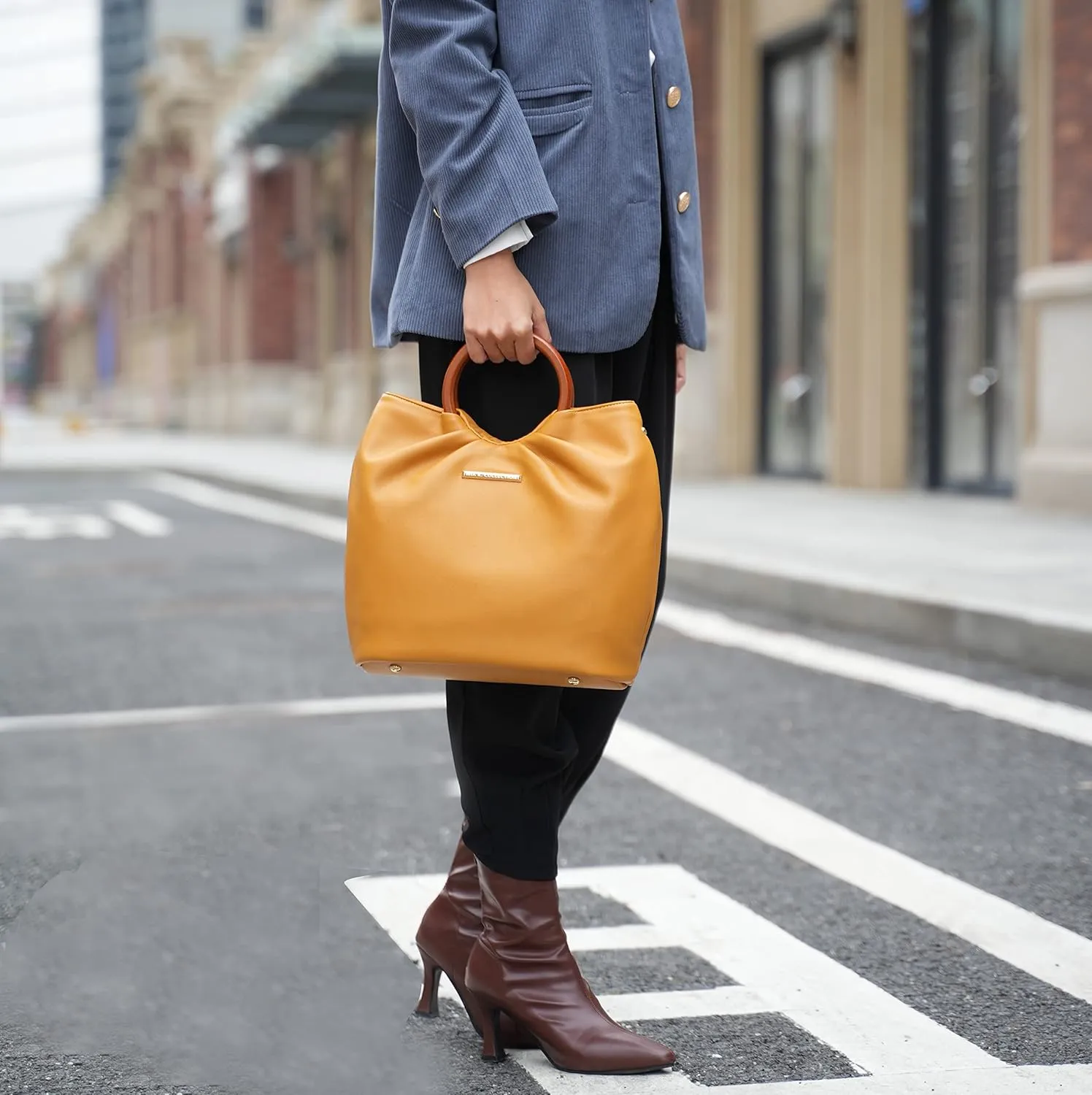 MKF Collection Tote Bag Set for Women, Vegan Leather Circular Wooden Top-Handle Shoulder Handbag Purse With Wristlet Wallet