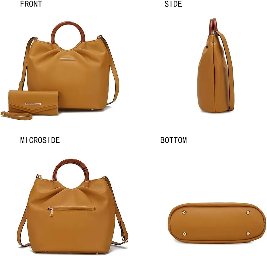 MKF Collection Tote Bag Set for Women, Vegan Leather Circular Wooden Top-Handle Shoulder Handbag Purse With Wristlet Wallet