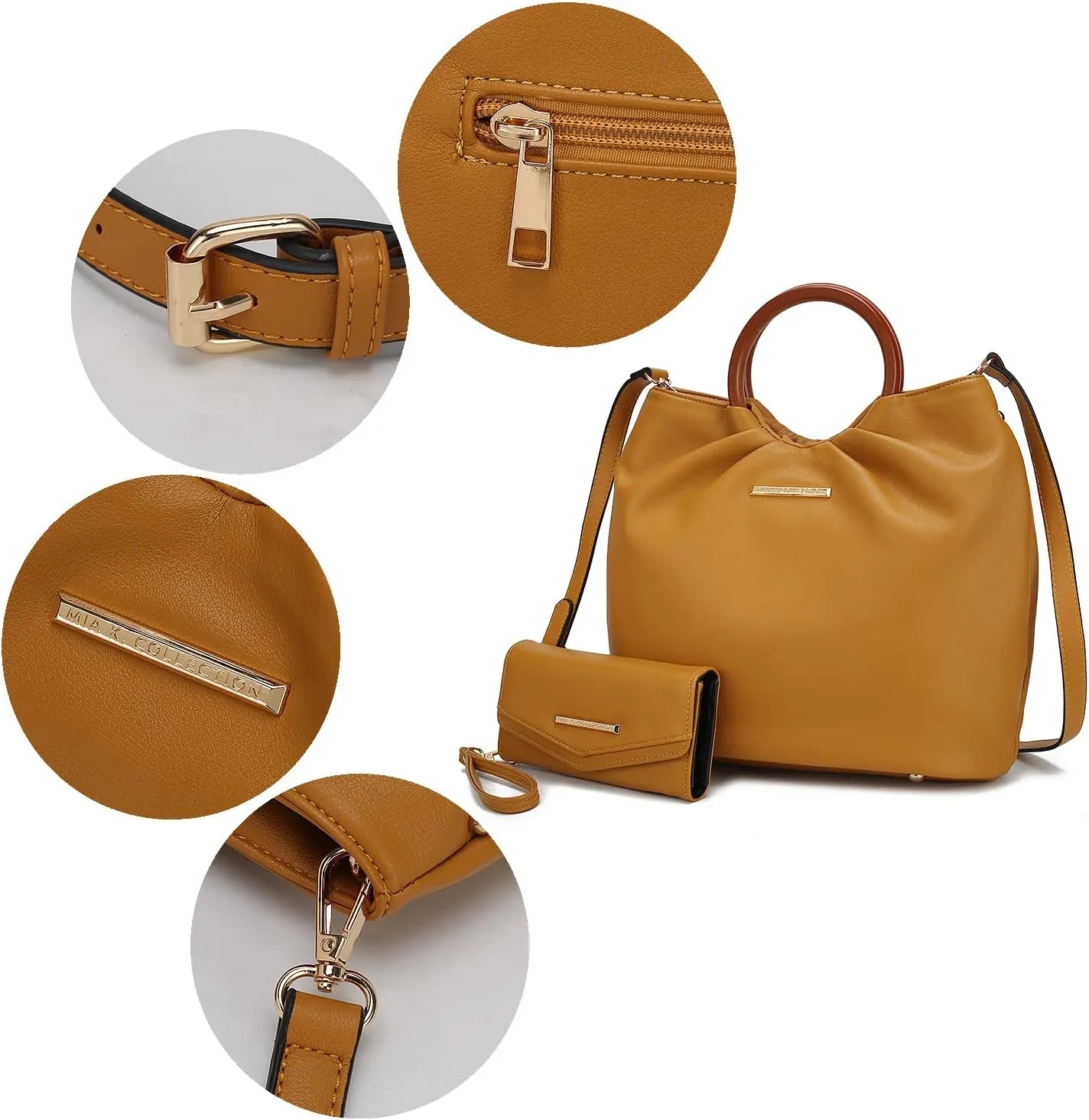 MKF Collection Tote Bag Set for Women, Vegan Leather Circular Wooden Top-Handle Shoulder Handbag Purse With Wristlet Wallet
