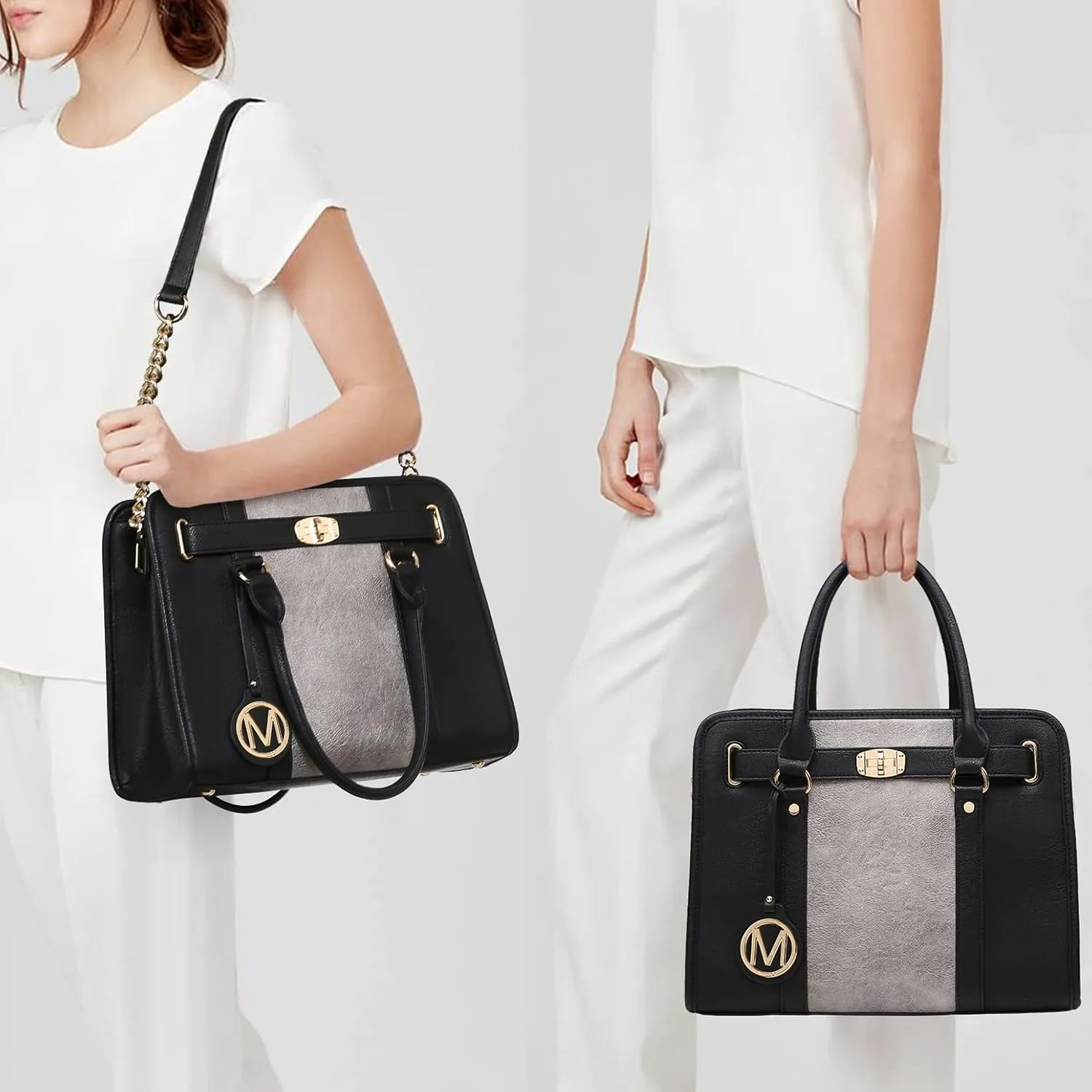 MKP Women Satchel Handbags Purses Two tone Top Handle Tote Shoulder Bags with Matching Wristlet Wallet Set 2pcs