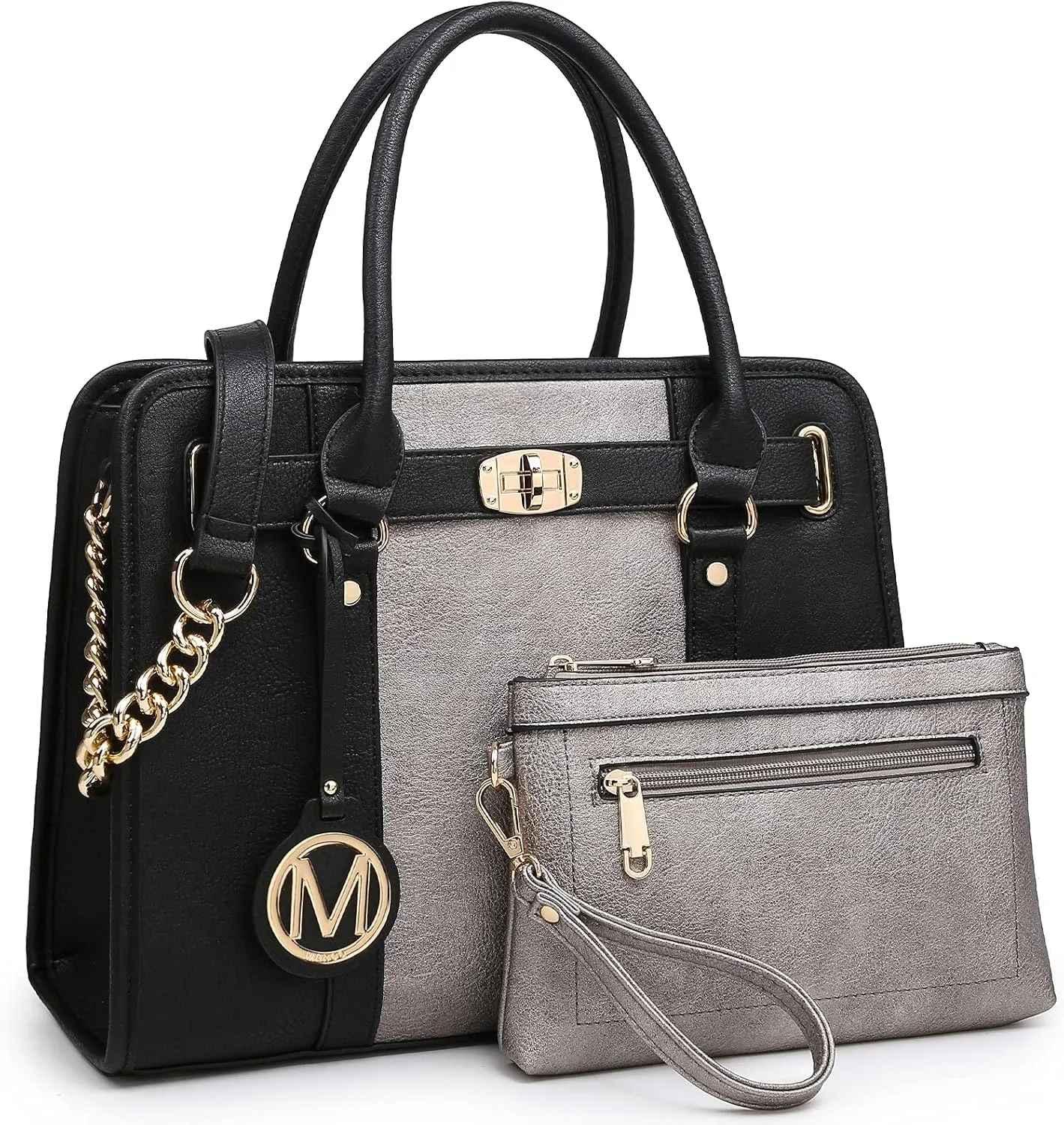 MKP Women Satchel Handbags Purses Two tone Top Handle Tote Shoulder Bags with Matching Wristlet Wallet Set 2pcs
