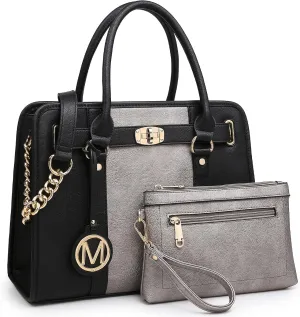 MKP Women Satchel Handbags Purses Two tone Top Handle Tote Shoulder Bags with Matching Wristlet Wallet Set 2pcs