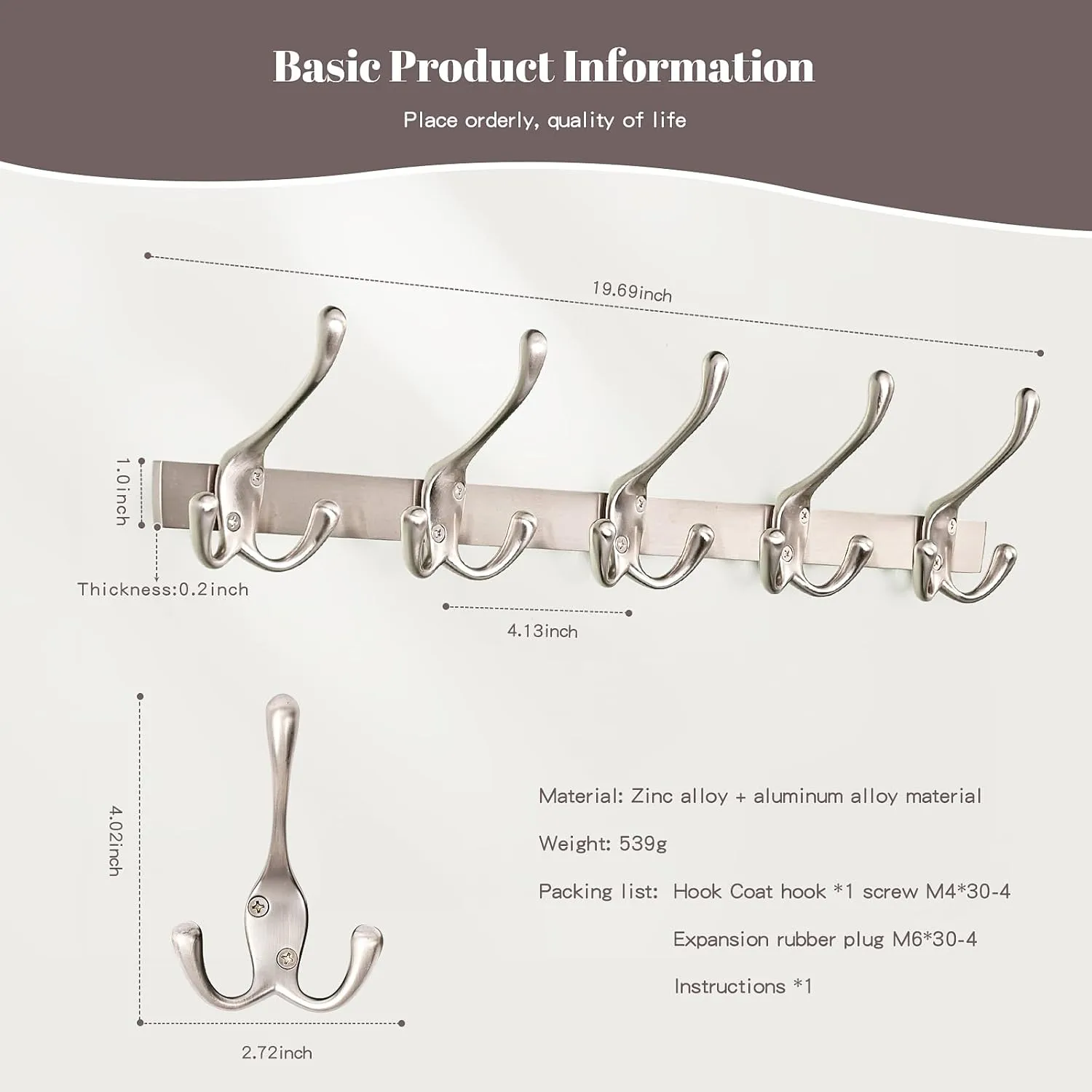 Modern Zinc Alloy Wall Mounted Coat Rack - Multi-Purpose Wall Hook Organizer with 5 Hooks, Rustproof Metal Hooks for Hallway, Bathroom, Bedroom (Silver Nickel, 1 Item-5 Hooks)