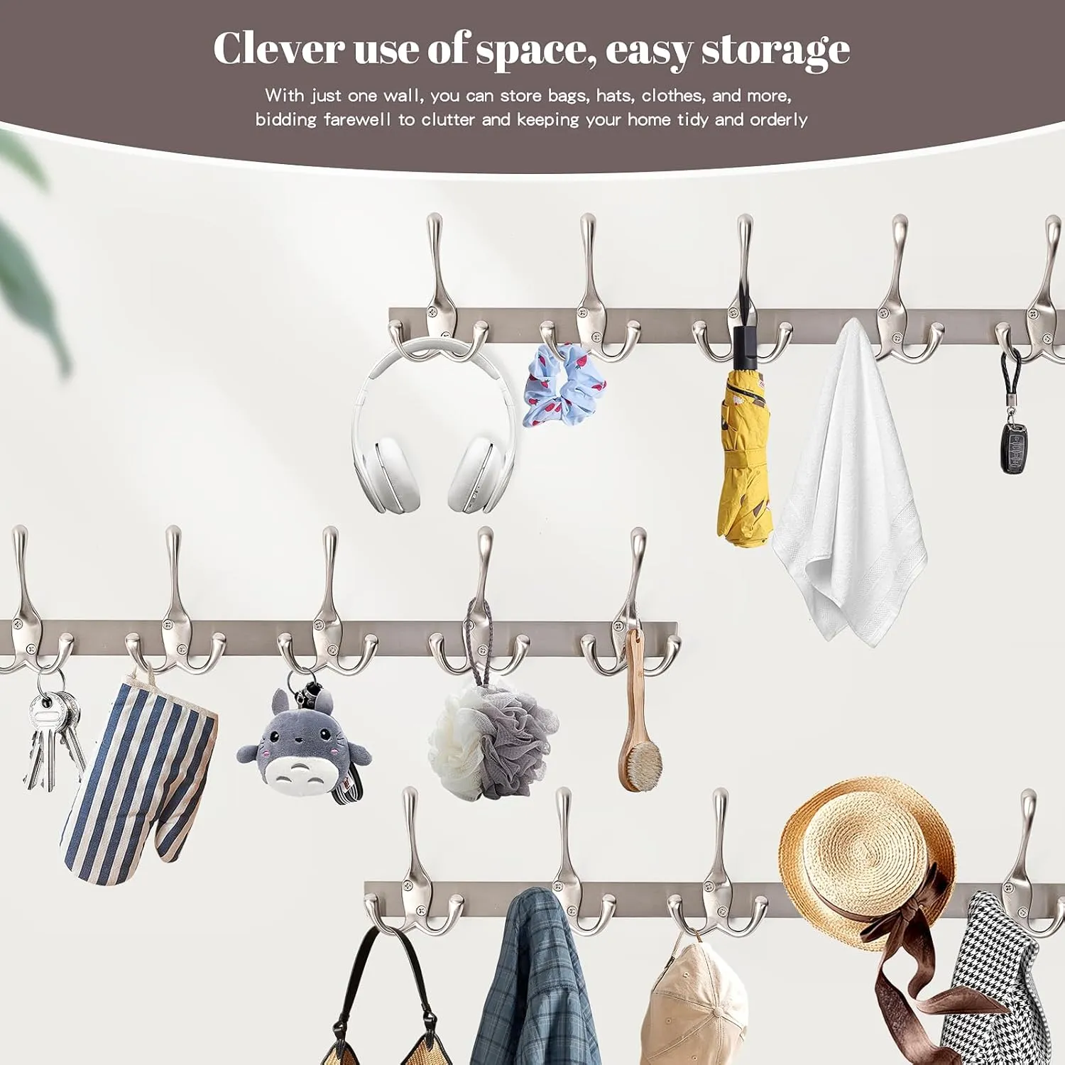 Modern Zinc Alloy Wall Mounted Coat Rack - Multi-Purpose Wall Hook Organizer with 5 Hooks, Rustproof Metal Hooks for Hallway, Bathroom, Bedroom (Silver Nickel, 1 Item-5 Hooks)