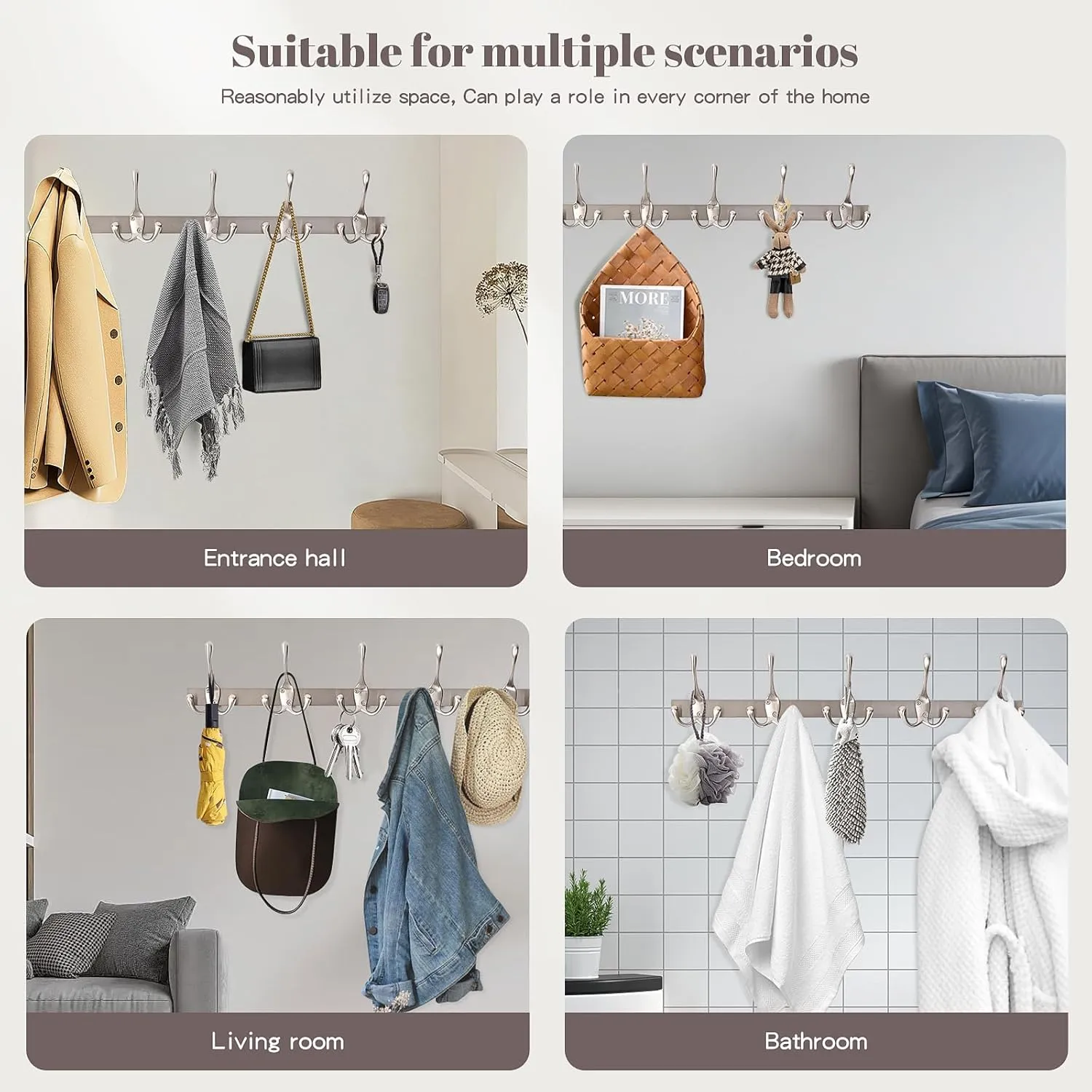 Modern Zinc Alloy Wall Mounted Coat Rack - Multi-Purpose Wall Hook Organizer with 5 Hooks, Rustproof Metal Hooks for Hallway, Bathroom, Bedroom (Silver Nickel, 1 Item-5 Hooks)