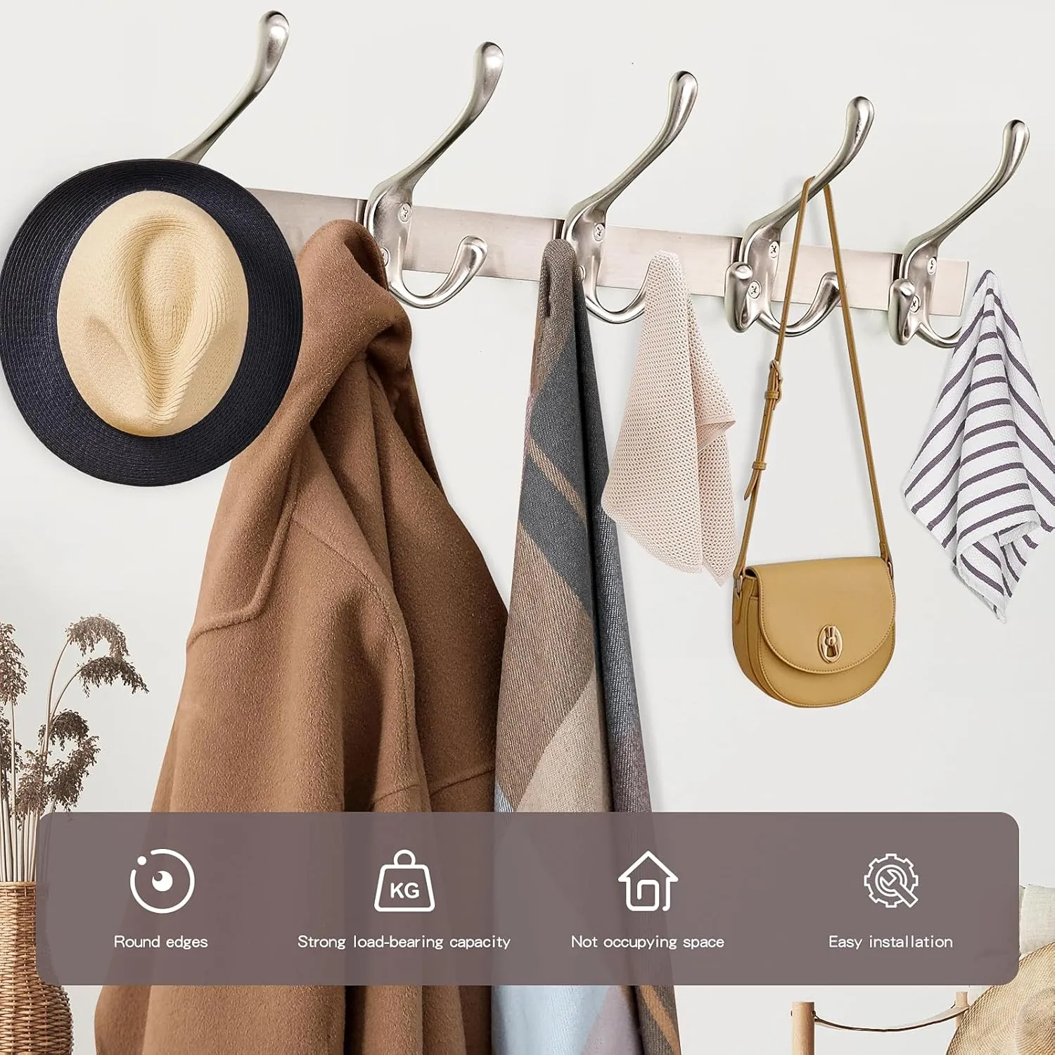 Modern Zinc Alloy Wall Mounted Coat Rack - Multi-Purpose Wall Hook Organizer with 5 Hooks, Rustproof Metal Hooks for Hallway, Bathroom, Bedroom (Silver Nickel, 1 Item-5 Hooks)