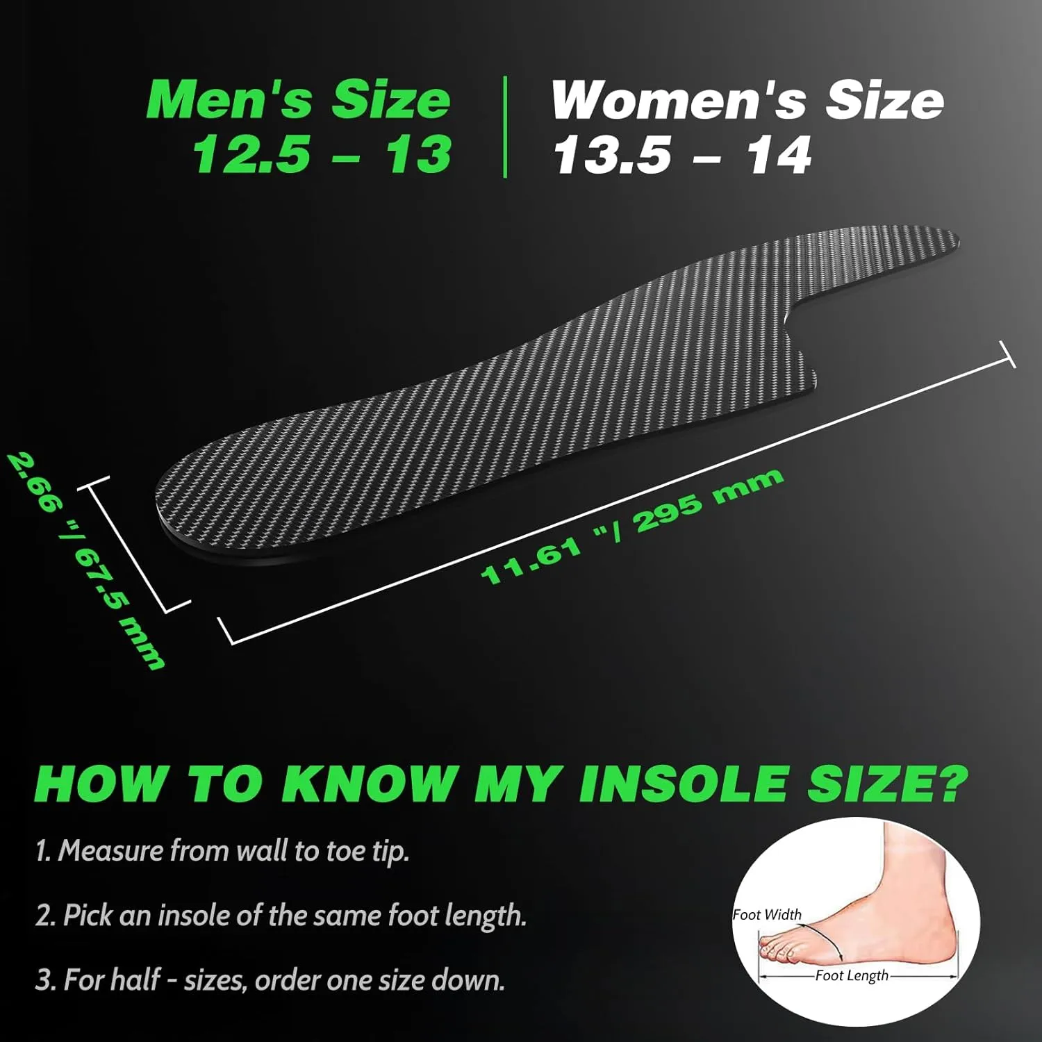 Morton's Extension Orthotic, Carbon Fiber Insole (1 Piece), Rigid Foot Support Insert for Morton's Toe, Foot Fractures, Turf Toe, Hallux Rigidus, and Arthritis, 295(W 13.5-14,M 12.5-13)