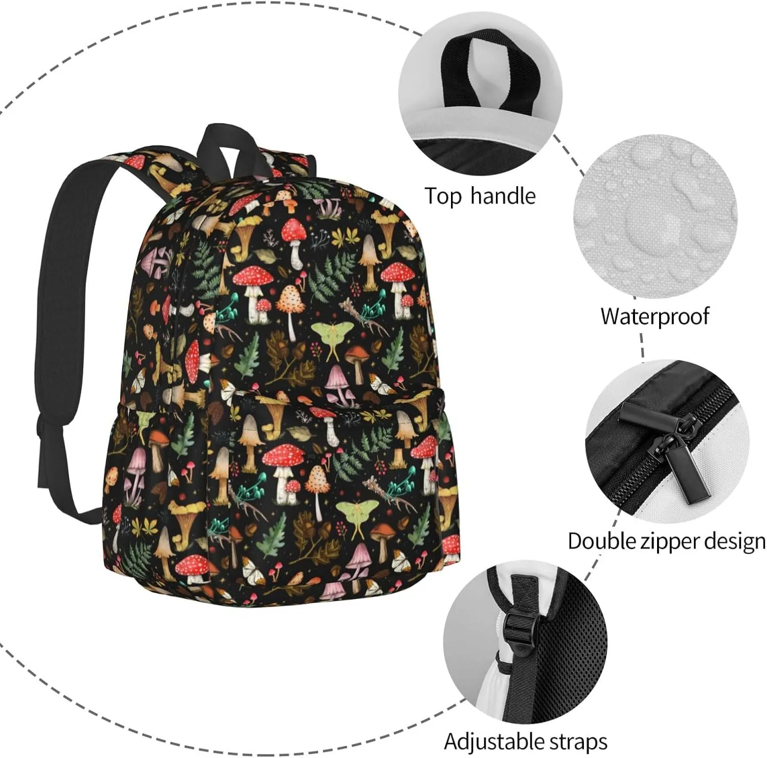 Mushrooms Waterproof Backpack Adjustable Shoulder Straps Bag Large Capacity Casual Daypack Bookbag For Travel Work