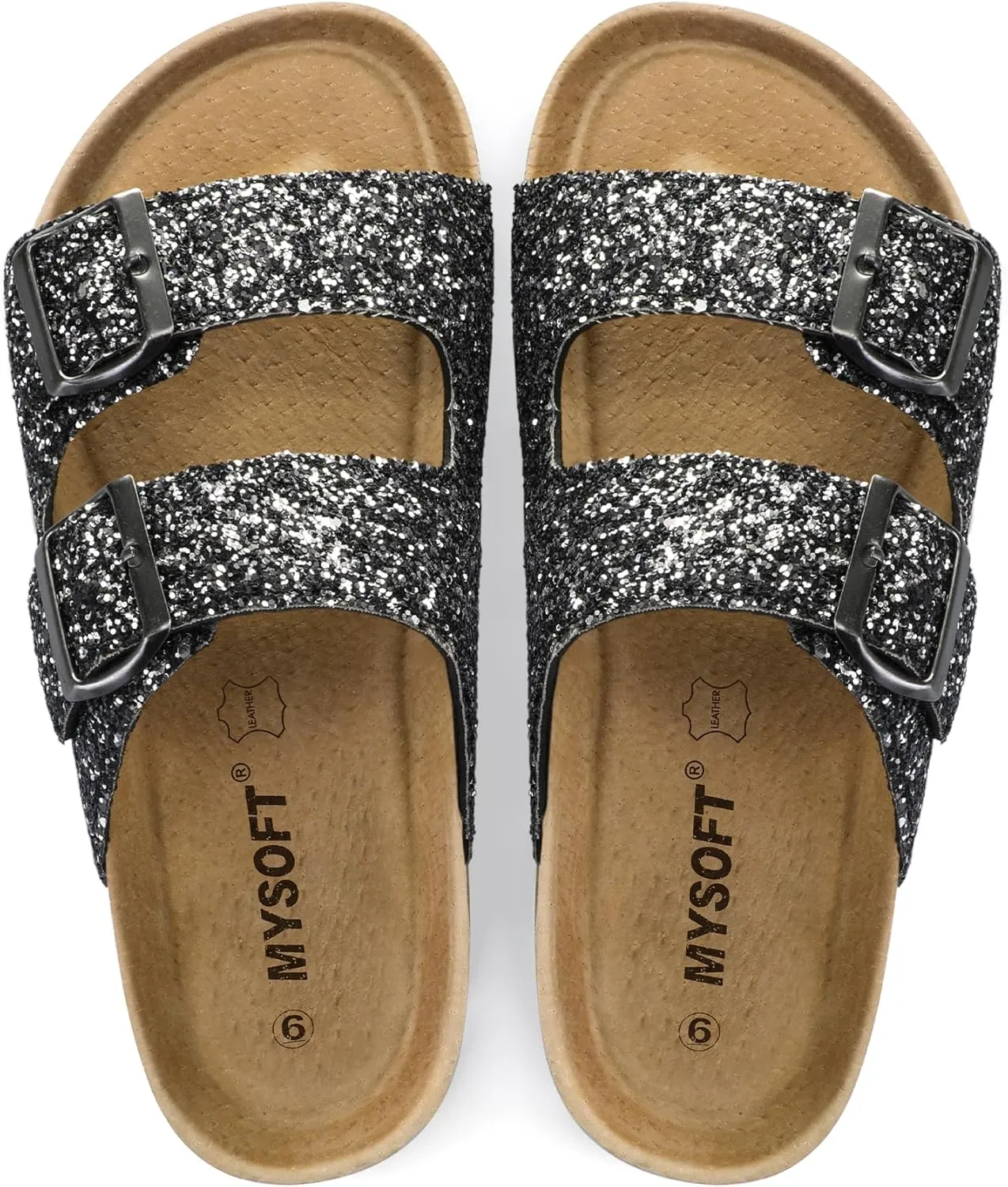 mysoft Womens Flat Sandals Cork Footbed Slides 2 Straps Adjustable Buckle Slip On Summer with  Comfort Shoes