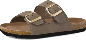 mysoft Womens Flat Sandals Cork Footbed Slides 2 Straps Adjustable Buckle Slip On Summer with  Comfort Shoes