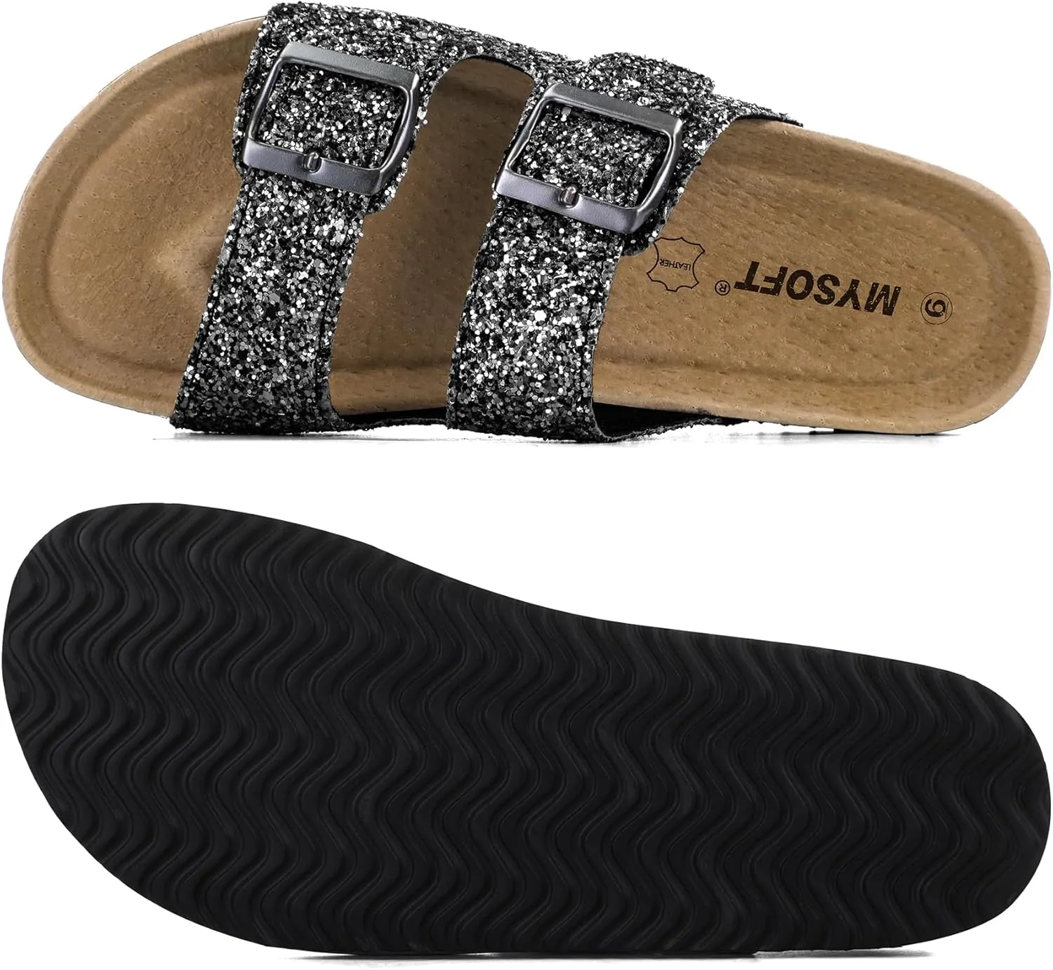 mysoft Womens Flat Sandals Cork Footbed Slides 2 Straps Adjustable Buckle Slip On Summer with  Comfort Shoes