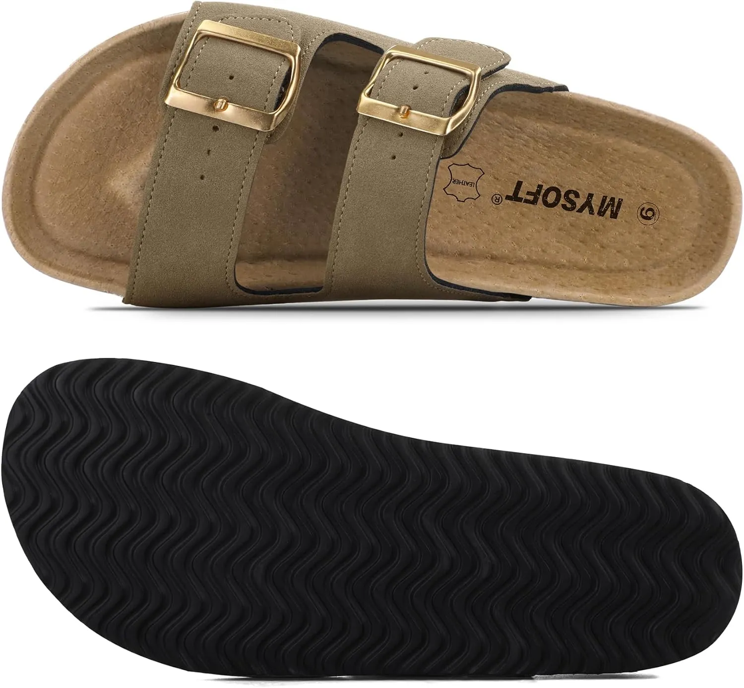 mysoft Womens Flat Sandals Cork Footbed Slides 2 Straps Adjustable Buckle Slip On Summer with  Comfort Shoes