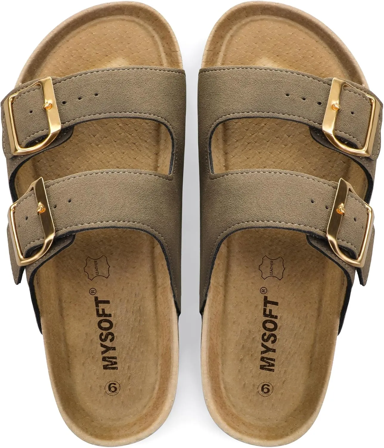 mysoft Womens Flat Sandals Cork Footbed Slides 2 Straps Adjustable Buckle Slip On Summer with  Comfort Shoes