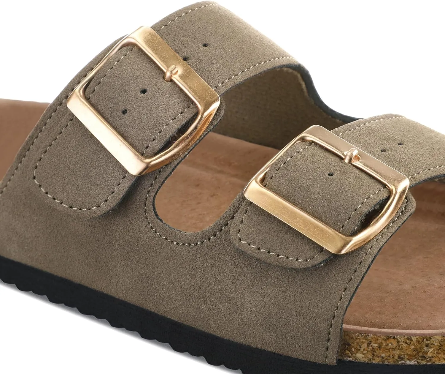 mysoft Womens Flat Sandals Cork Footbed Slides 2 Straps Adjustable Buckle Slip On Summer with  Comfort Shoes