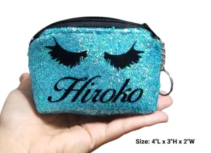 Name & Lahes Sparkle Coin purse keychain monogram sequin bling wallet ID holder personalized mini makeup bag wallet (Unicorn White)