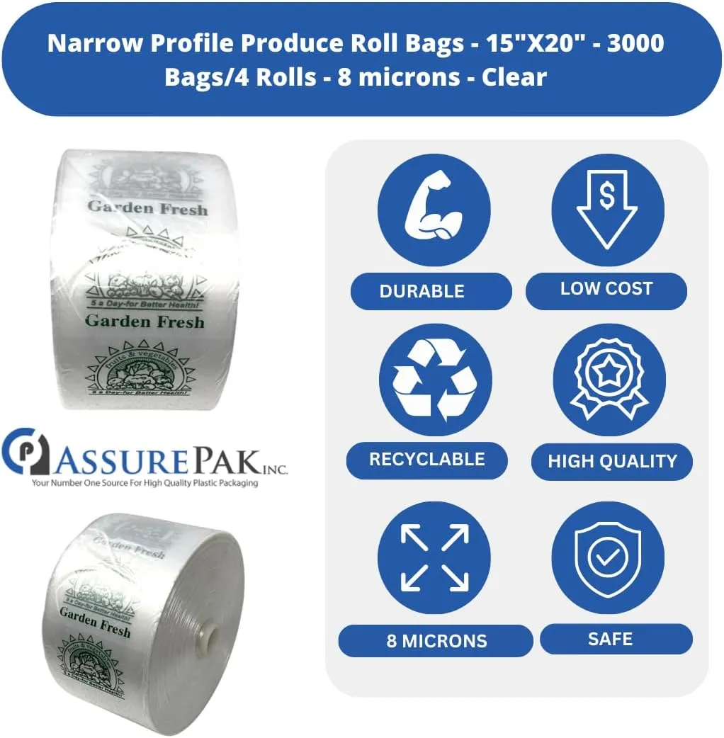 Narrow Profile Produce Roll Bags with Extended plastic core Garden Fresh - 15"X20" - 3000 Bags - 4 Rolls - 8 microns - Clear