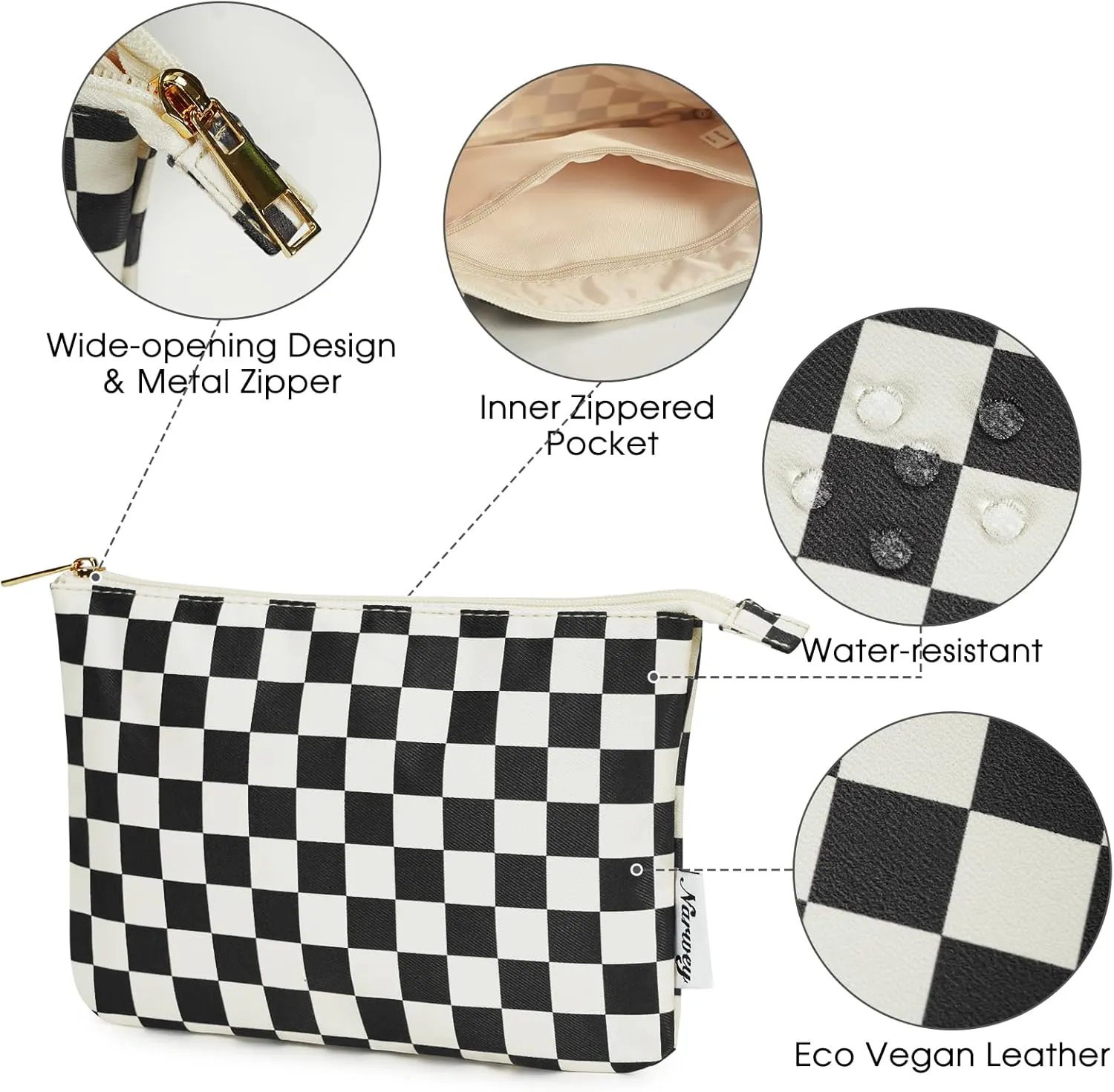 Narwey Small Checkered Makeup Bag for Purse Small Cosmetic Bag Women Travel Makeup Pouch Zipper Pouch (Black Checkerboard)