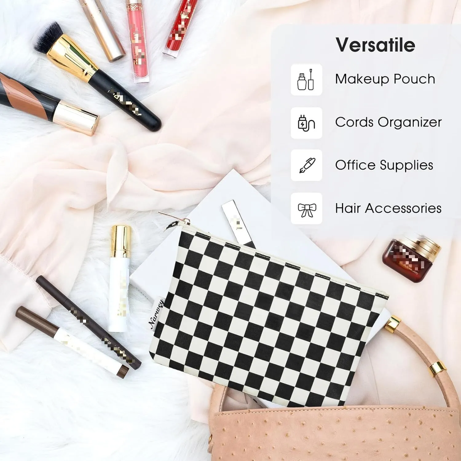 Narwey Small Checkered Makeup Bag for Purse Small Cosmetic Bag Women Travel Makeup Pouch Zipper Pouch (Black Checkerboard)