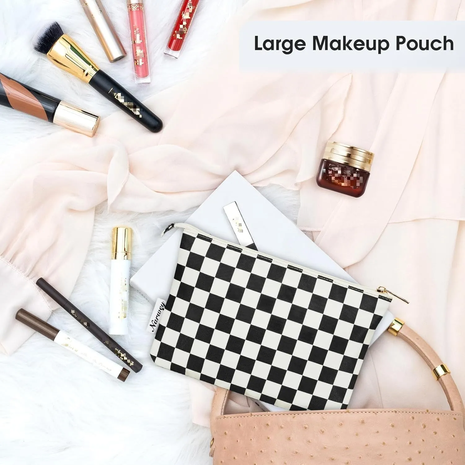 Narwey Small Checkered Makeup Bag for Purse Small Cosmetic Bag Women Travel Makeup Pouch Zipper Pouch (Black Checkerboard)