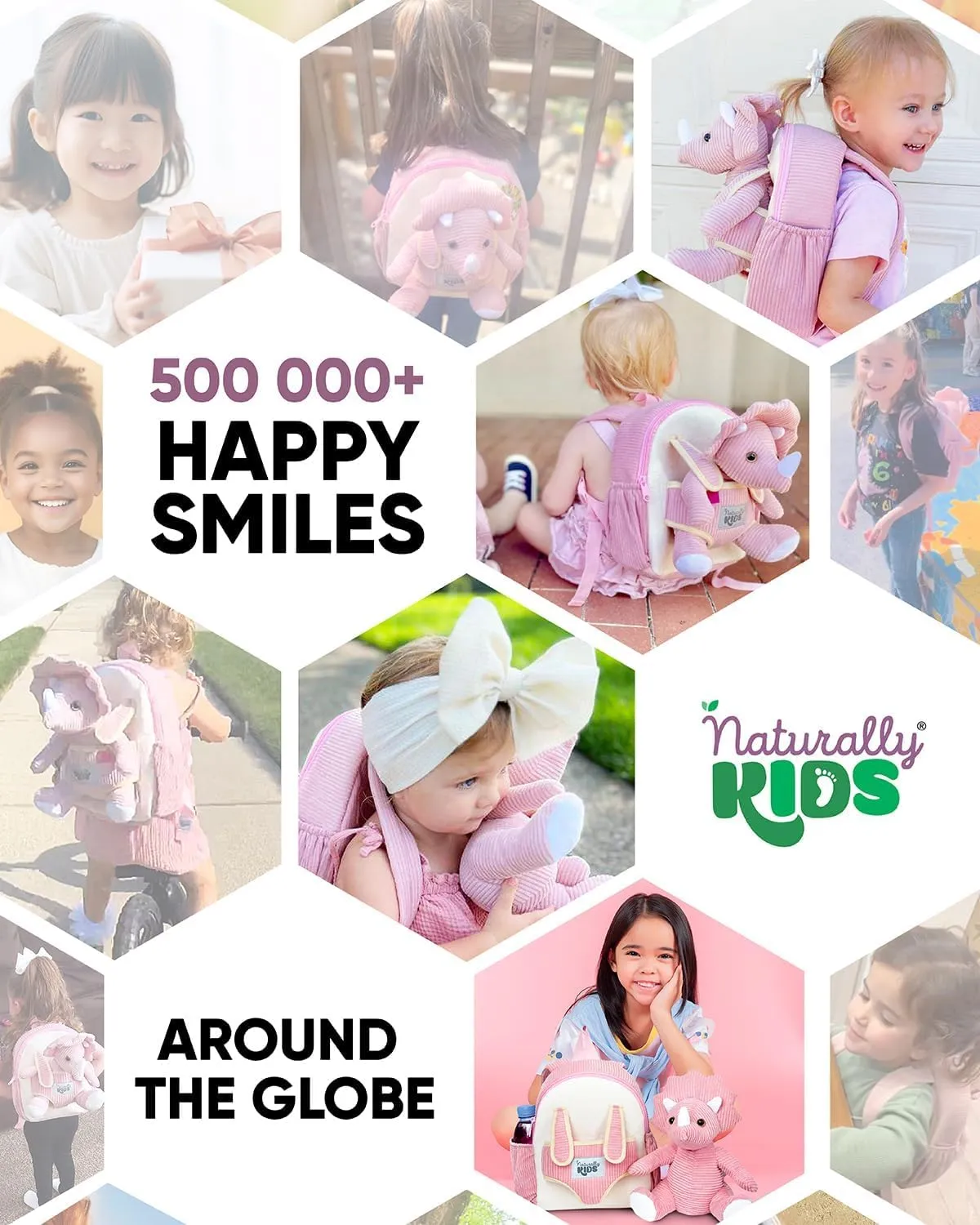 Naturally KIDS Pink Dinosaur Toys for Girls, Triceratops Toy, Dinosaur Gifts for 2 3 Year Old Girls, Toddler Backpack