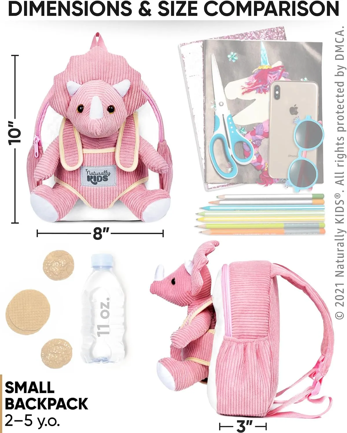 Naturally KIDS Pink Dinosaur Toys for Girls, Triceratops Toy, Dinosaur Gifts for 2 3 Year Old Girls, Toddler Backpack