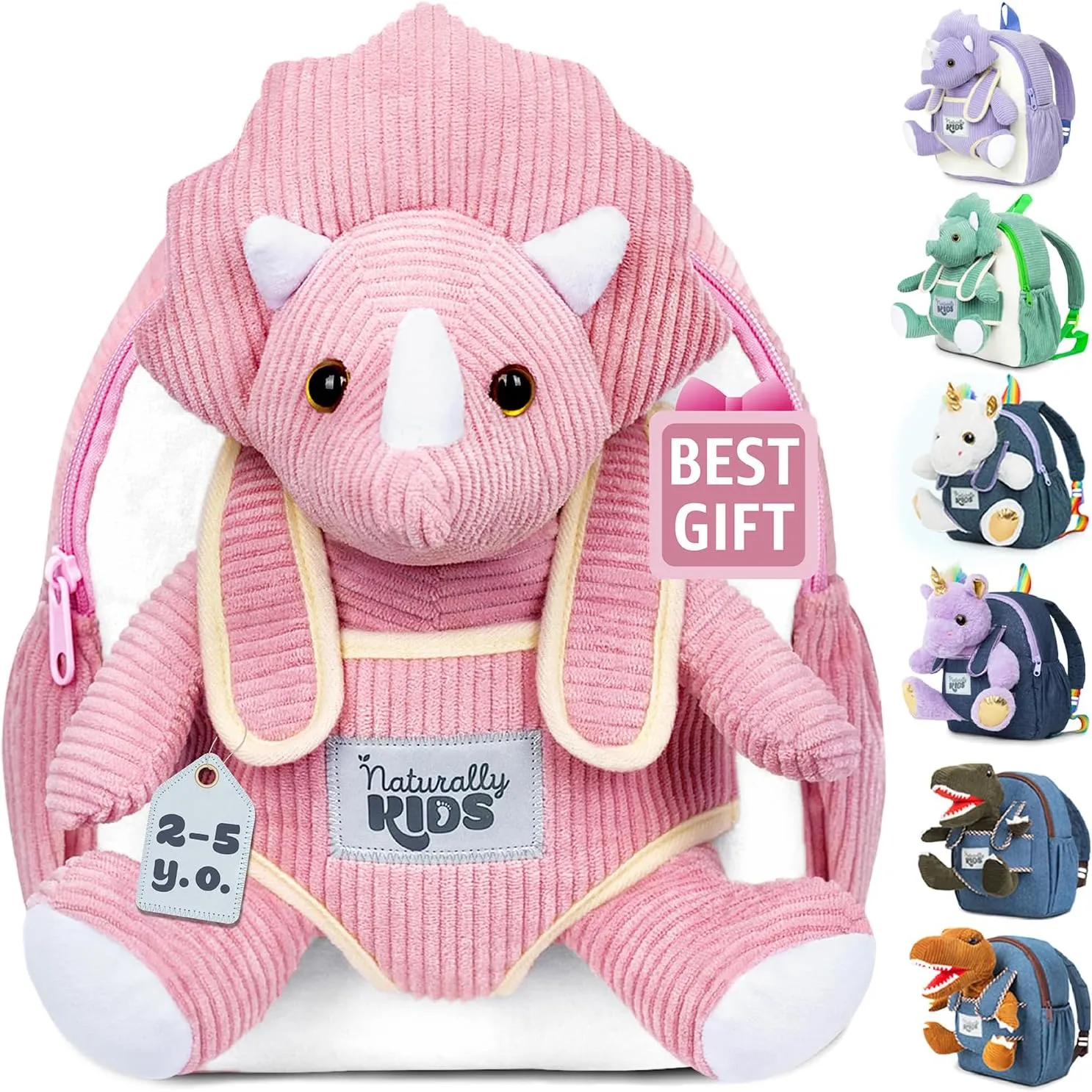 Naturally KIDS Pink Dinosaur Toys for Girls, Triceratops Toy, Dinosaur Gifts for 2 3 Year Old Girls, Toddler Backpack