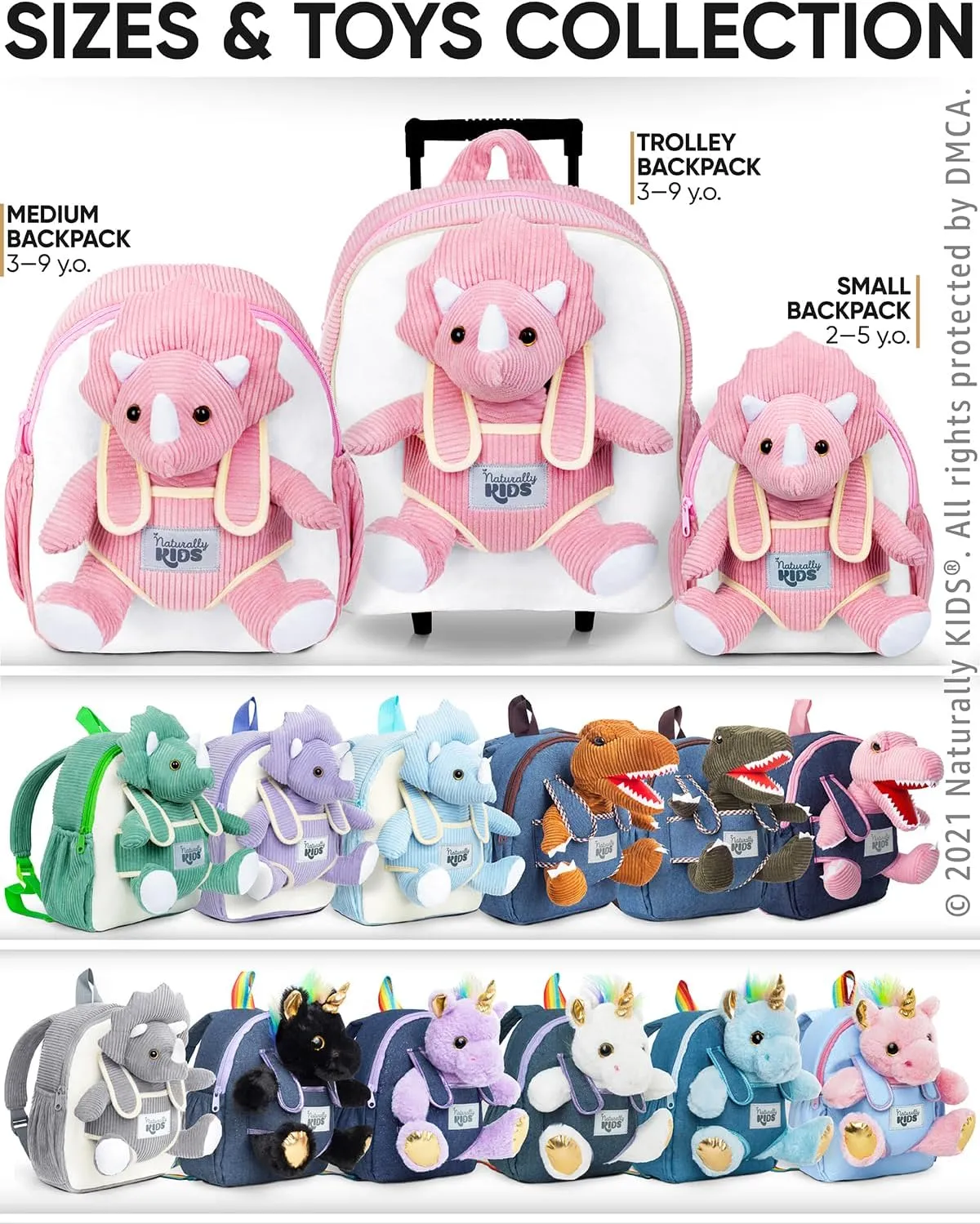 Naturally KIDS Pink Dinosaur Toys for Girls, Triceratops Toy, Dinosaur Gifts for 2 3 Year Old Girls, Toddler Backpack