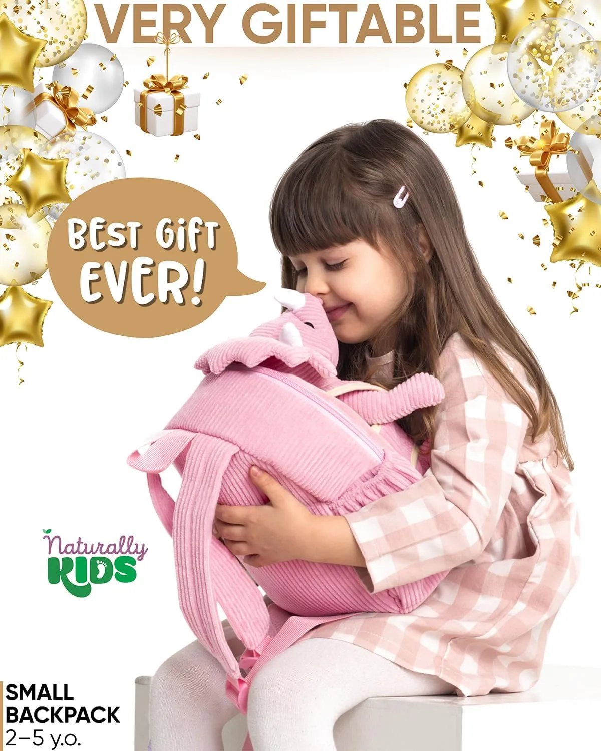 Naturally KIDS Pink Dinosaur Toys for Girls, Triceratops Toy, Dinosaur Gifts for 2 3 Year Old Girls, Toddler Backpack