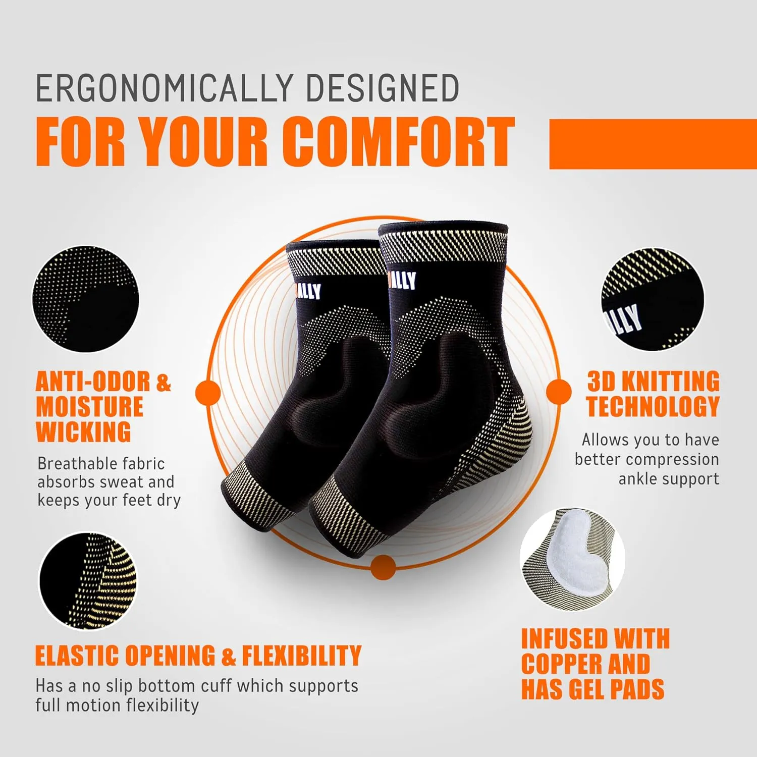 NeoAlly Copper Ankle Compression Sleeve with Gel Pads Ankle Support Brace for Plantar Fasciitis, Sprained Ankle, Achilles Tendon, Pain Relief, Small, 1 Pair