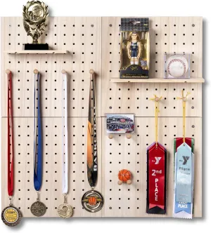 Nerf Display Wall Organizer - Wooden Pegboard Storage Holder for Mounting Nerf Guns & Gel Blasters, 4 Piece Rack W/Bag for Darts (Natural)