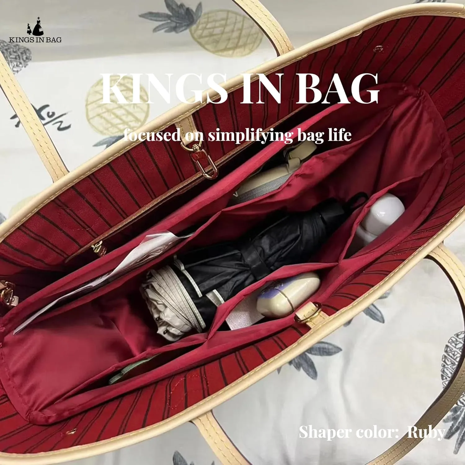 Neverfull MM Organizer, Compatible with Louis Vuitton Neverfull MM, Purse Organizer with Silky Satin, Lightweight Bag Shaper, Multiple Pockets for Storage (Ruby)