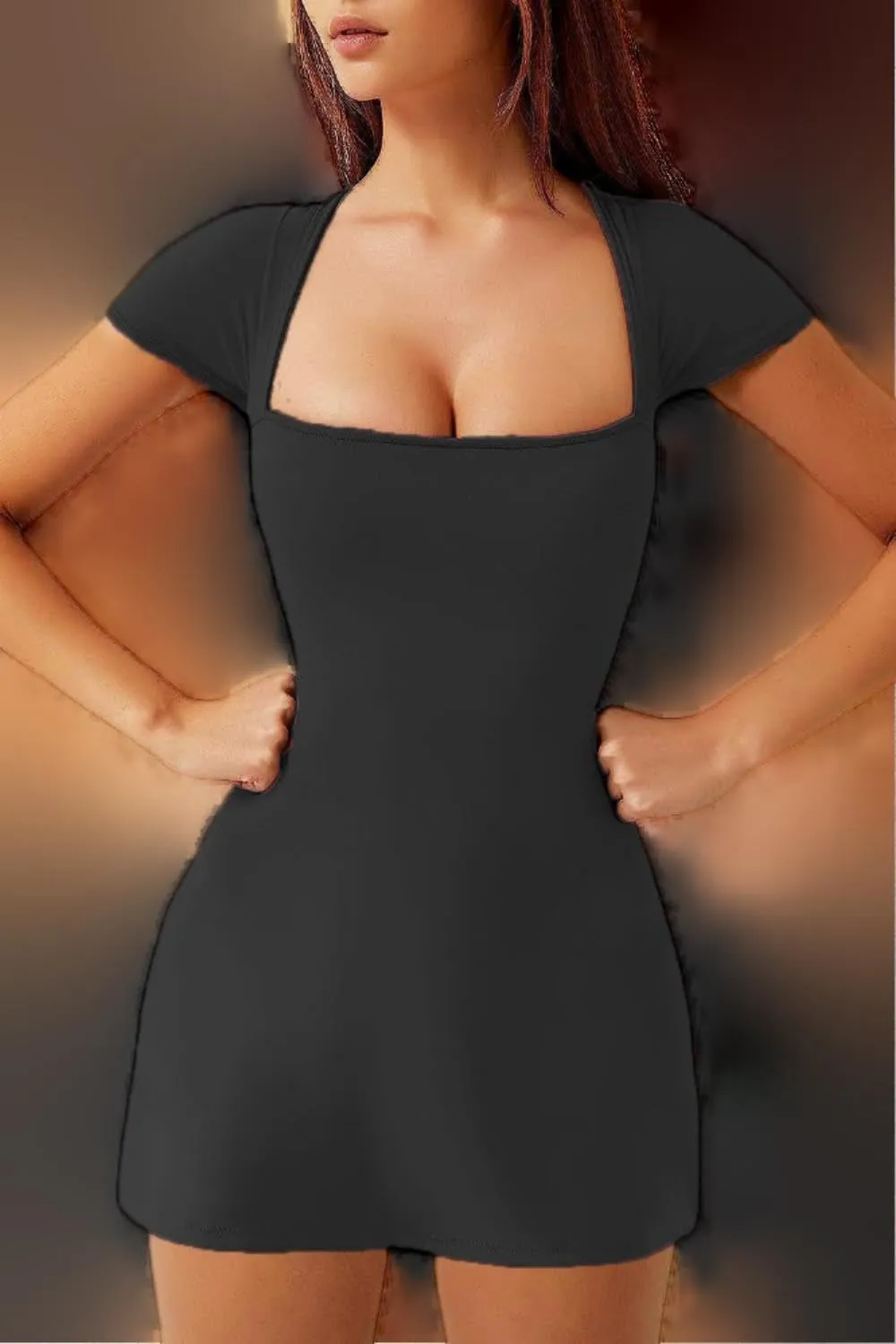 New Solid Color A Line Skirt Style Dresses, U Neck and Waistband Designed Dress, Slim Elastic Fitted Gowns for Women