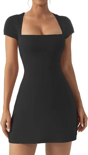 New Solid Color A Line Skirt Style Dresses, U Neck and Waistband Designed Dress, Slim Elastic Fitted Gowns for Women