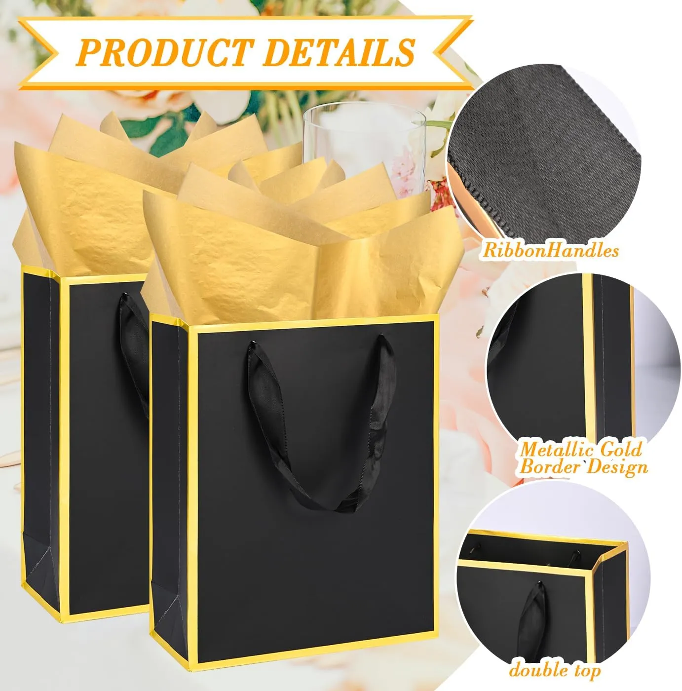 Nimbbex 25Pack Metallic Gift Bags with Handles and Tissue,9x 7x 3.1 Inch Thank You 5 Senses Gift Bags for Wedding,Birthday,Mothers Bay,Graduation (Black)