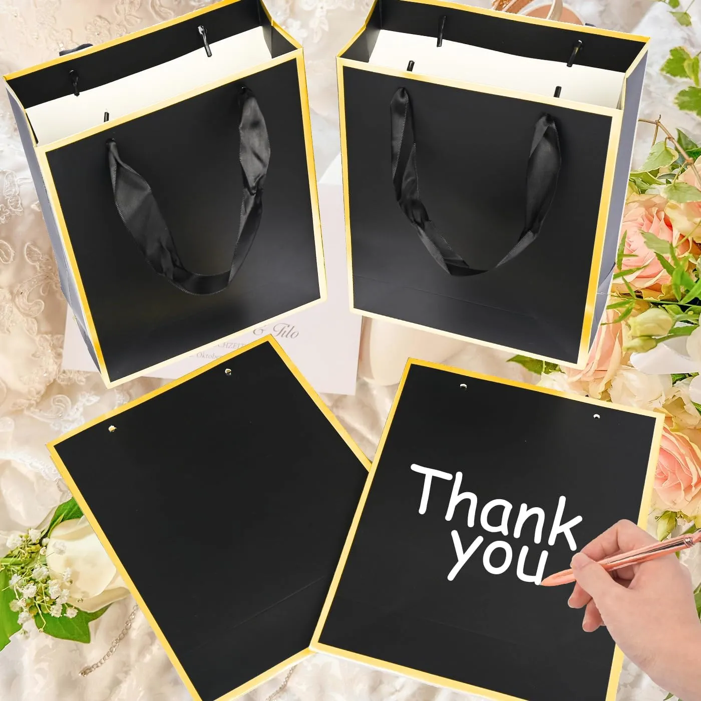 Nimbbex 25Pack Metallic Gift Bags with Handles and Tissue,9x 7x 3.1 Inch Thank You 5 Senses Gift Bags for Wedding,Birthday,Mothers Bay,Graduation (Black)