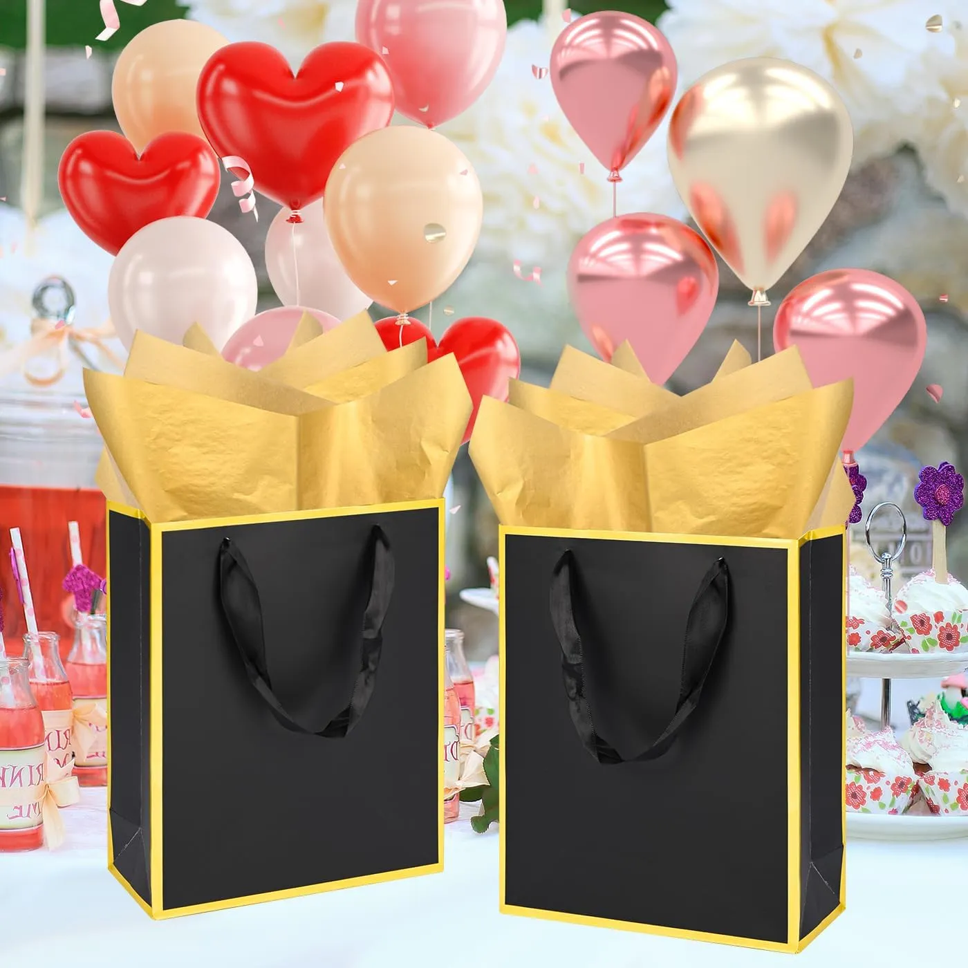 Nimbbex 25Pack Metallic Gift Bags with Handles and Tissue,9x 7x 3.1 Inch Thank You 5 Senses Gift Bags for Wedding,Birthday,Mothers Bay,Graduation (Black)