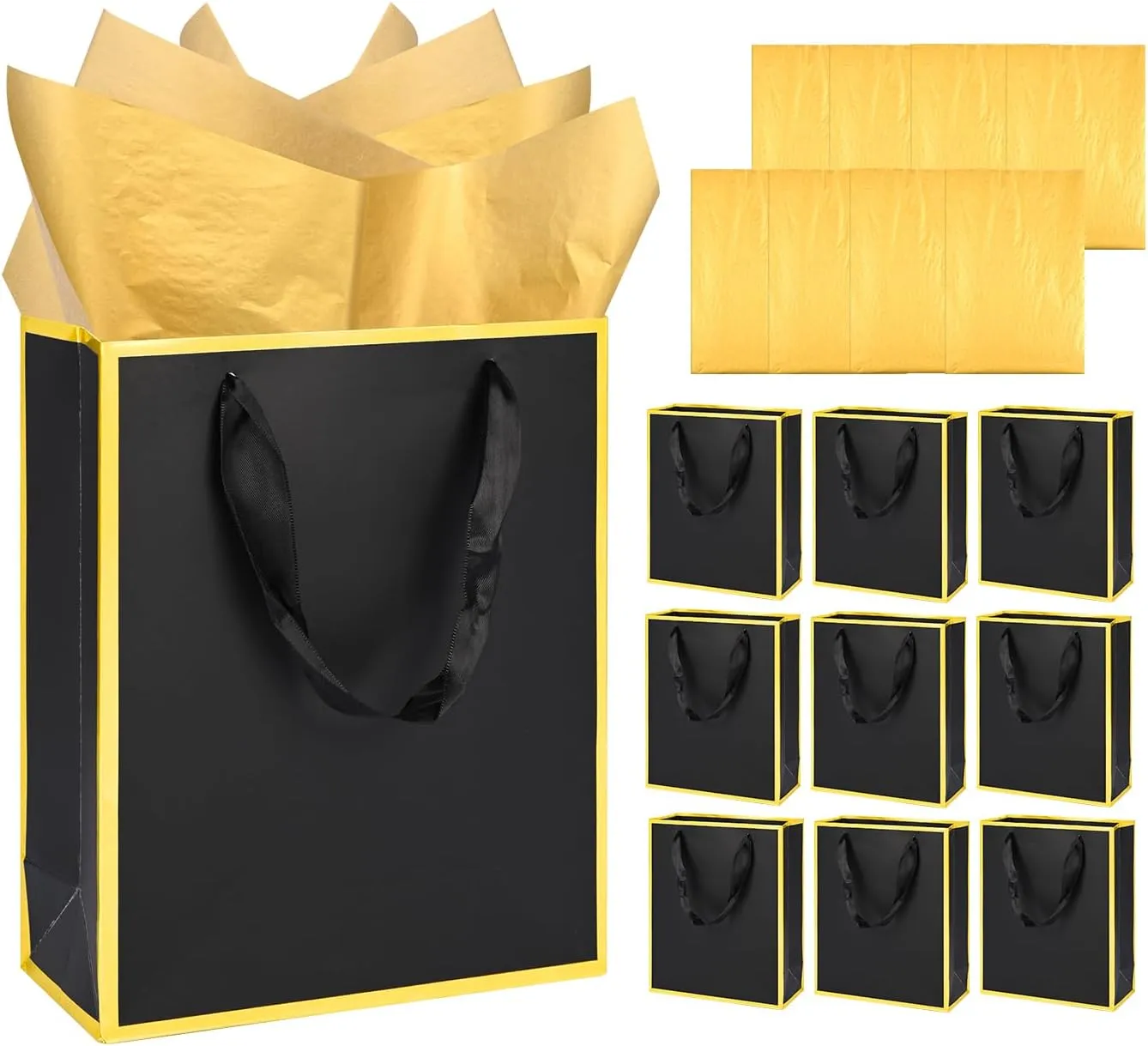 Nimbbex 25Pack Metallic Gift Bags with Handles and Tissue,9x 7x 3.1 Inch Thank You 5 Senses Gift Bags for Wedding,Birthday,Mothers Bay,Graduation (Black)