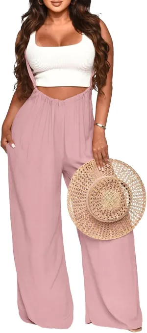 Nimsruc Womens Jumpsuit Casual Loose Sleeveless Adjustable Spaghetti Straps Wide Leg Pants Baggy Overalls With Pockets