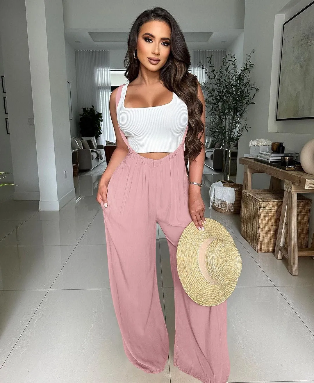 Nimsruc Womens Jumpsuit Casual Loose Sleeveless Adjustable Spaghetti Straps Wide Leg Pants Baggy Overalls With Pockets