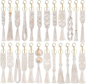 Nosiny 24 Pieces Boho Macrame Keychains Bulk Mini Cute Handcrafted Tassel Keychain Macrame Bag Charms Aesthetic decor with Tassel for Women Car Key Purse Phone Wallet Party Supplies, Beige