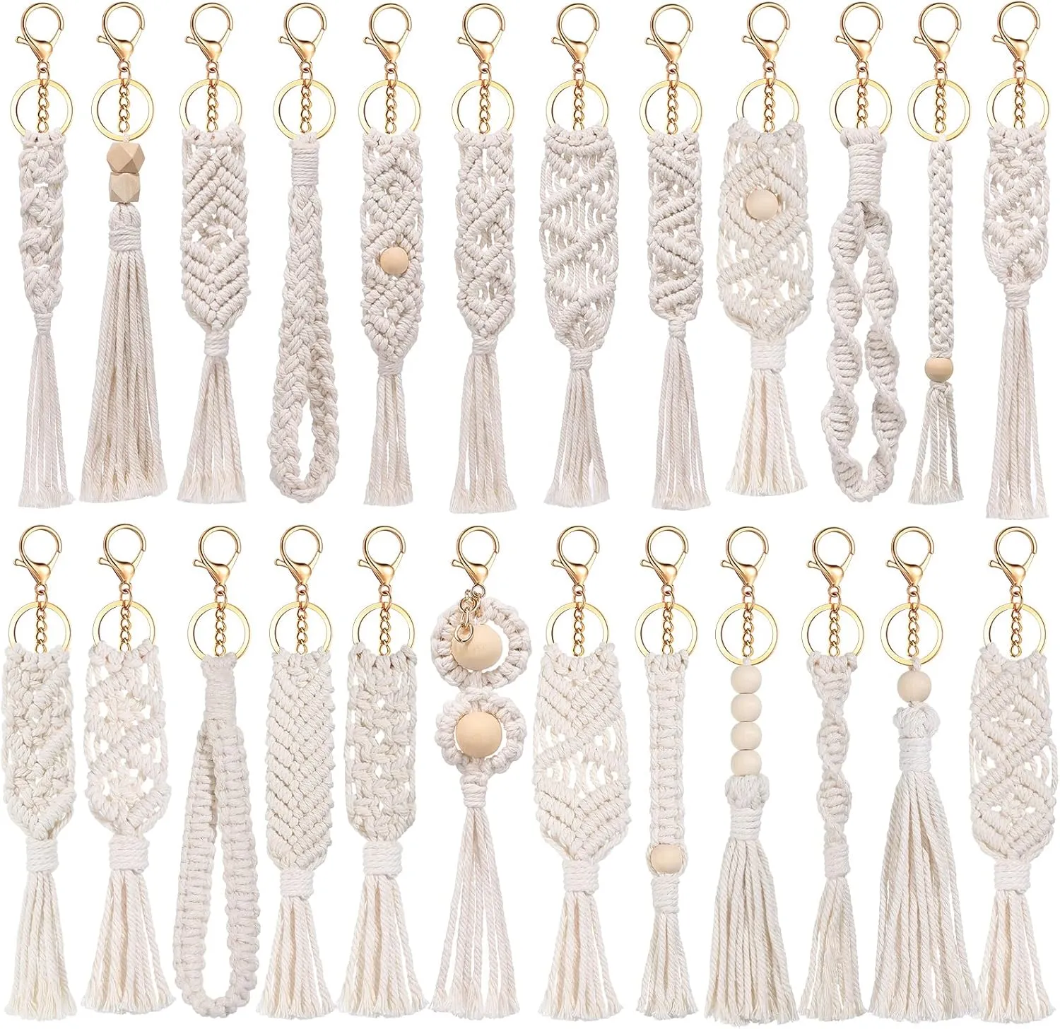 Nosiny 24 Pieces Boho Macrame Keychains Bulk Mini Cute Handcrafted Tassel Keychain Macrame Bag Charms Aesthetic decor with Tassel for Women Car Key Purse Phone Wallet Party Supplies, Beige