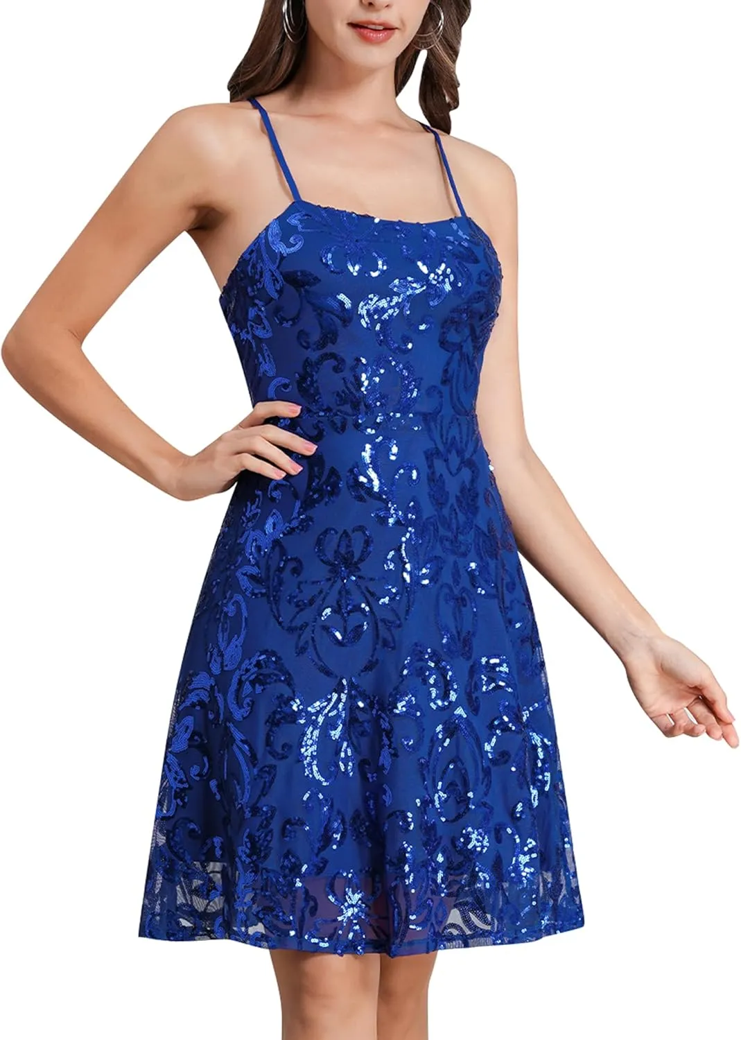 ODIZLI Short Prom Sequin Dresses for Teens Skater Dress for Women Spaghetti Straps Sparkly A Line Swing Dresses