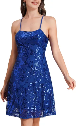 ODIZLI Short Prom Sequin Dresses for Teens Skater Dress for Women Spaghetti Straps Sparkly A Line Swing Dresses